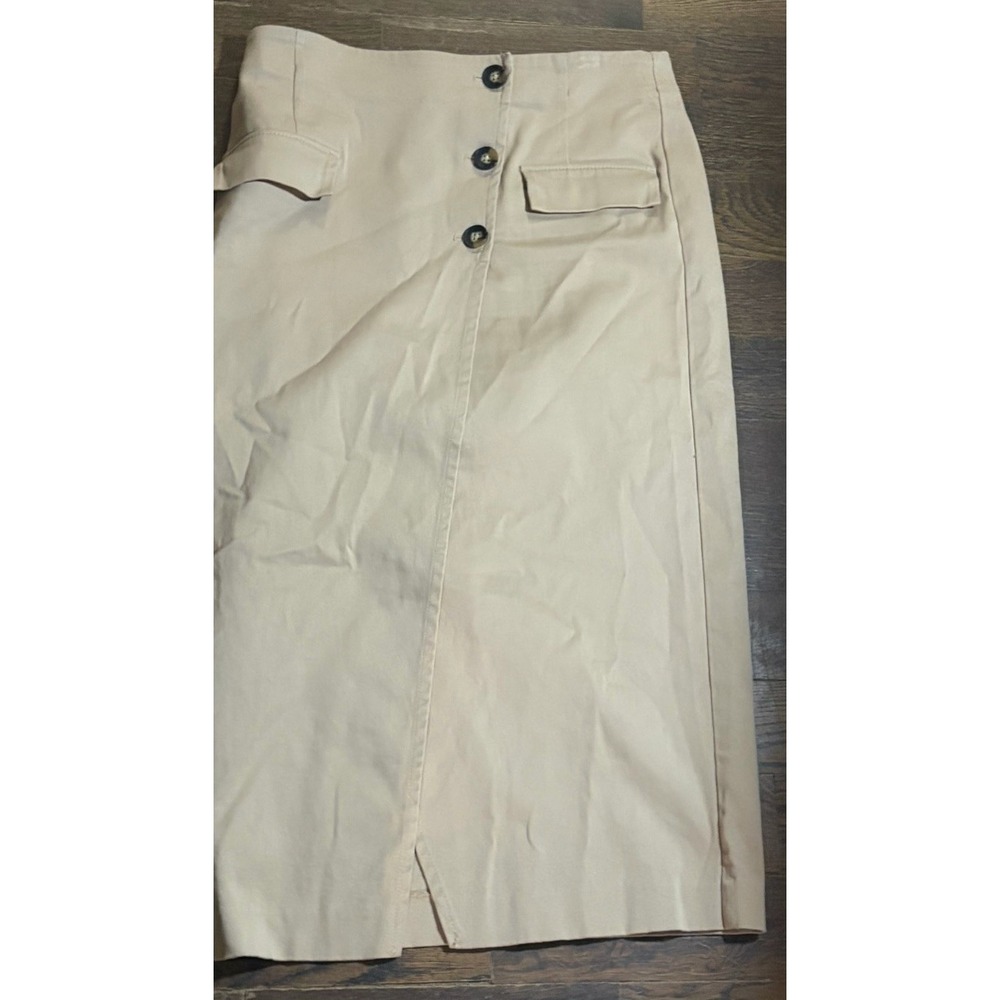 Ann Taylor Beige Cotton Twill Midi Pencil Skirt Button Pockets Size 10